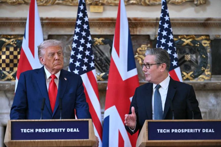 Britain's Prime Minister Keir Starmer (R) and US President Donald Trump (L) attend a joint press conference following their meeting at Chequers, in Aylesbury, central England, on September 18, 2025, on the second day of the US President's second State Visit. After the royal hospitality and pageantry, US President Donald Trump's unprecedented second state visit to the UK takes a serious turn on Thursday when he is hosted by Prime Minister Keir Starmer for wide-ranging talks. (Photo by ANDREW CABALLERO-REYNOLDS / AFP) (Photo by ANDREW CABALLERO-REYNOLDS/AFP via Getty Images)