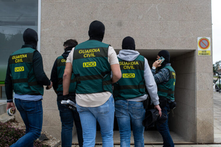 BARRANTES, RIBADUMIA PONTEVEDRA, SPAIN - APRIL 30: Several Guardia Civil officers during a search in Mimosas street on April 30, 2024, in Barrantes, Ribadumia, Pontevedra, Galicia, Spain. An anti-drug operation in the province of Pontevedra has arrested at least 15 people for the distribution of narcotics in different parts of Spain. The operation involves the Organized Crime Team (ECO) of the Civil Guard of Pontevedra, under the UCO. The operation is ongoing and will continue throughout the day. (Photo By Elena Fernandez/Europa Press via Getty Images)