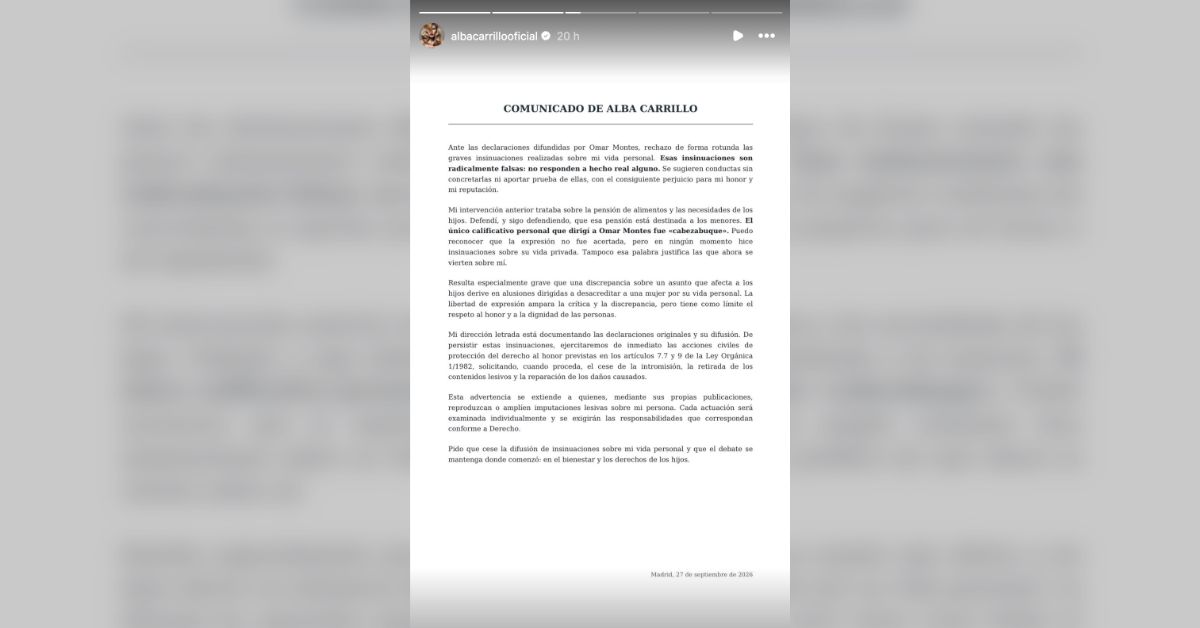 Comunicado de Alba Carillo en Instagram