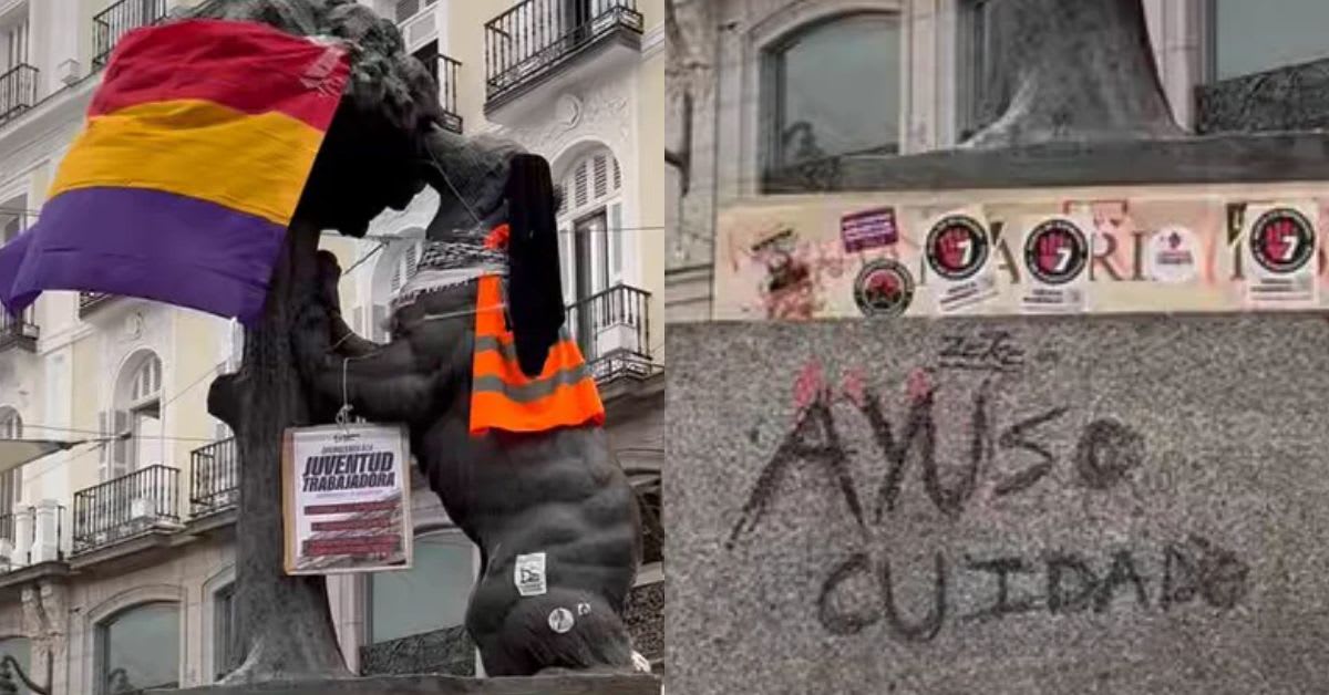 Vandalizan el Oso y el Madroño en la Puerta del Sol con símbolos anarquistas y mensajes contra Ayuso